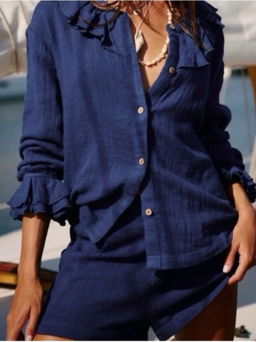 Free People Navy Ruffle-Collar Button-Down Shirt & Shorts Set, Women’s Small